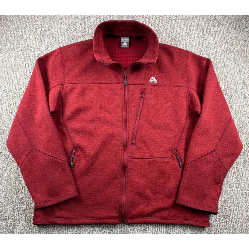 Nike ACG Fleece Jacket Mens XL Red Full Zip Waffle Lined Wool Blend Hiking